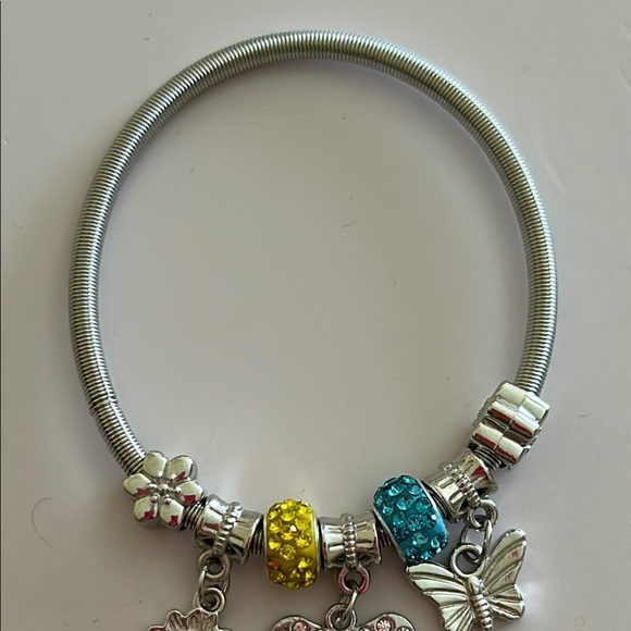 Silver Charm Bracelet with Yellow & Blue, Sunflower, Butterfly, Bow Accents NEW - Picture 3 of 7
